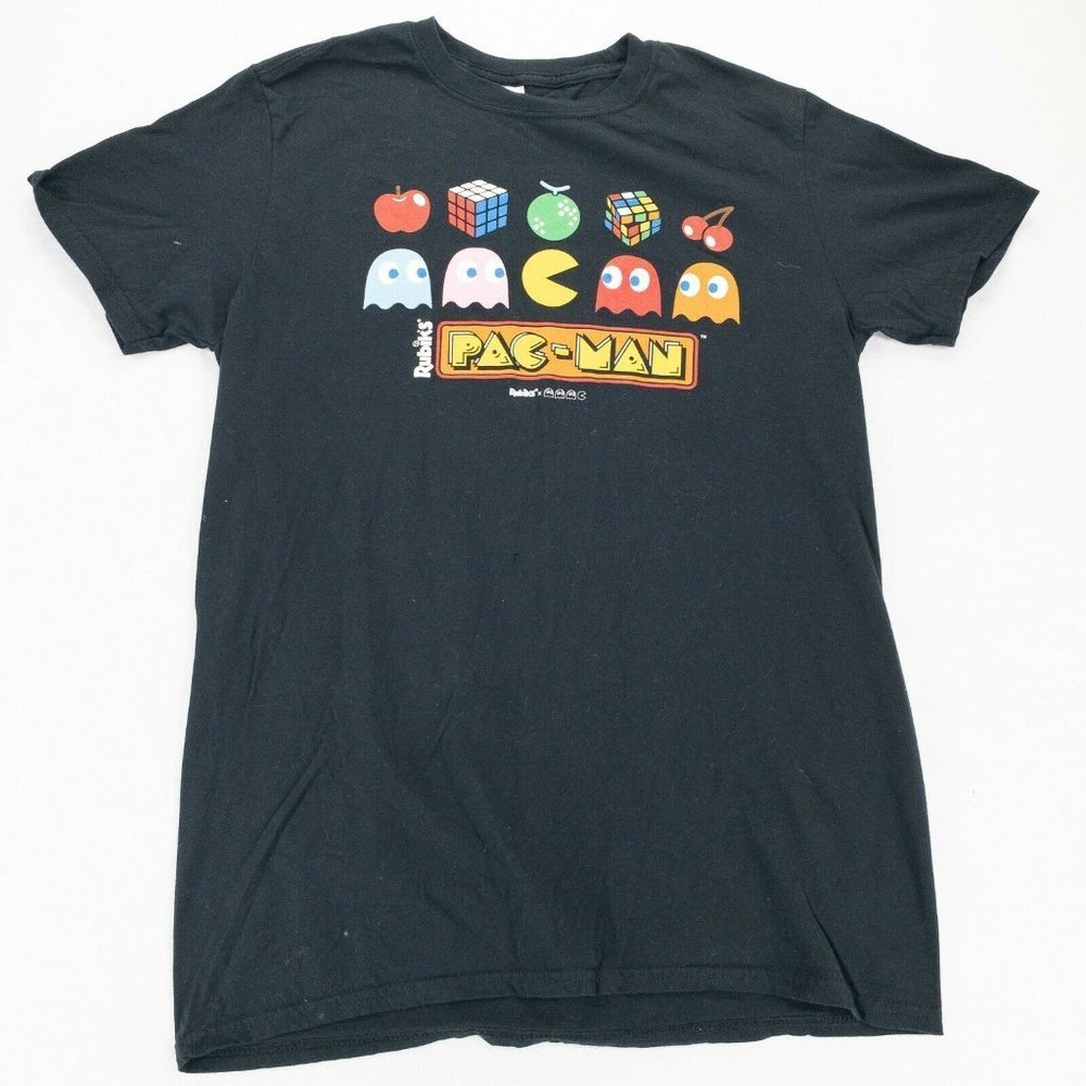 Pac Man Mens Shirt Black Medium Rubicks Casual Crew Neck Short Sleeve Gilden